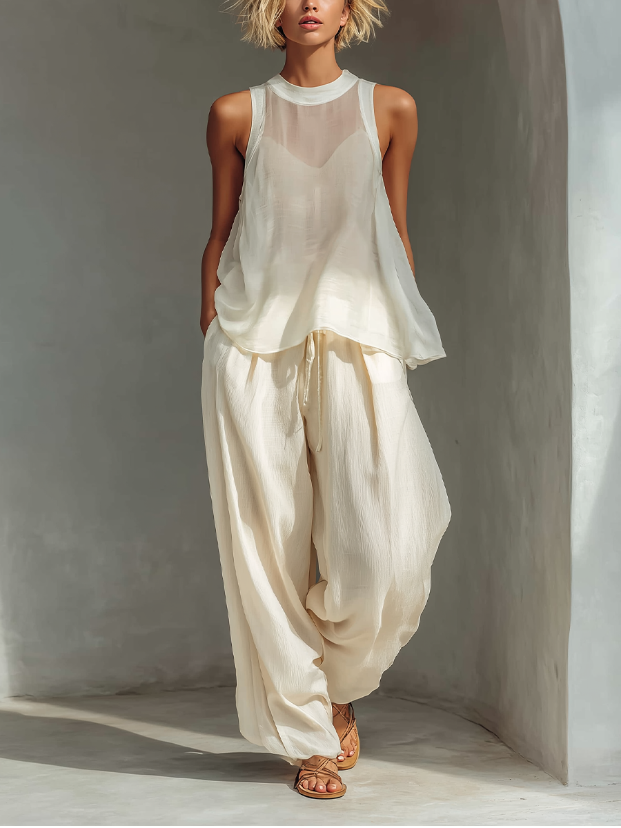 Women's Flowy Sleeveless Round Neck Top And Loose Pants Two-piece Set-Soliroyal