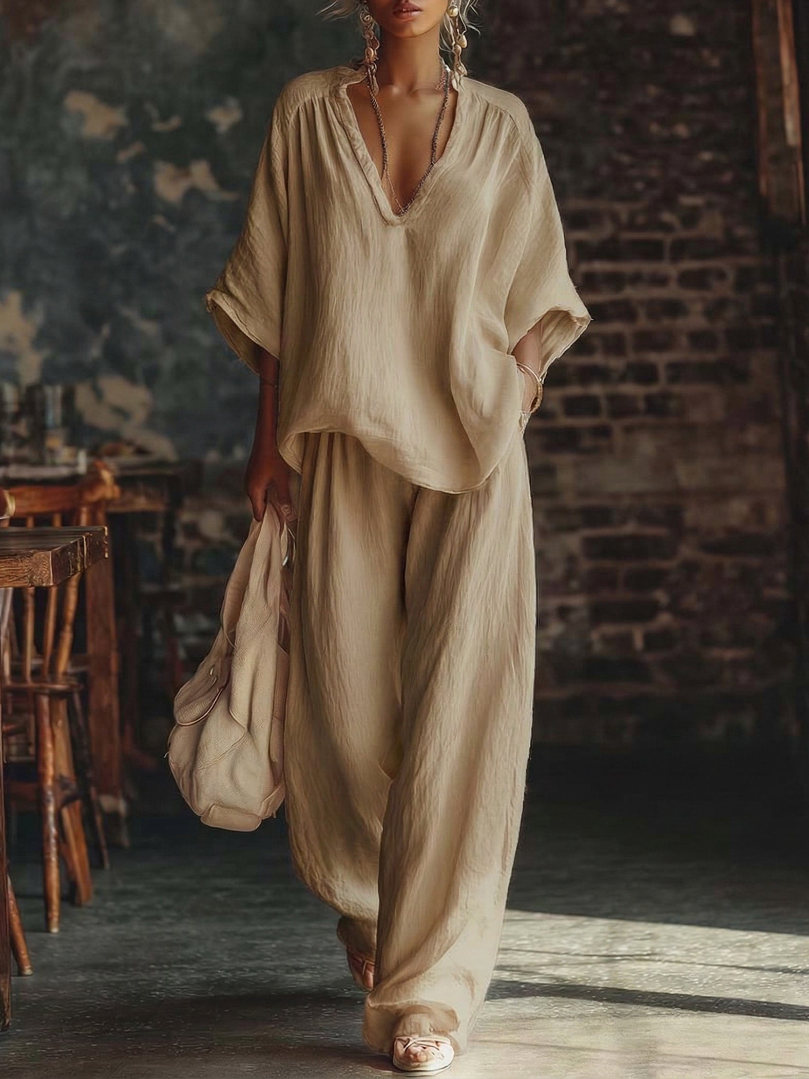 Cozy Minimalist Loose Linen Cotton Two-piece Set-Soliroyal