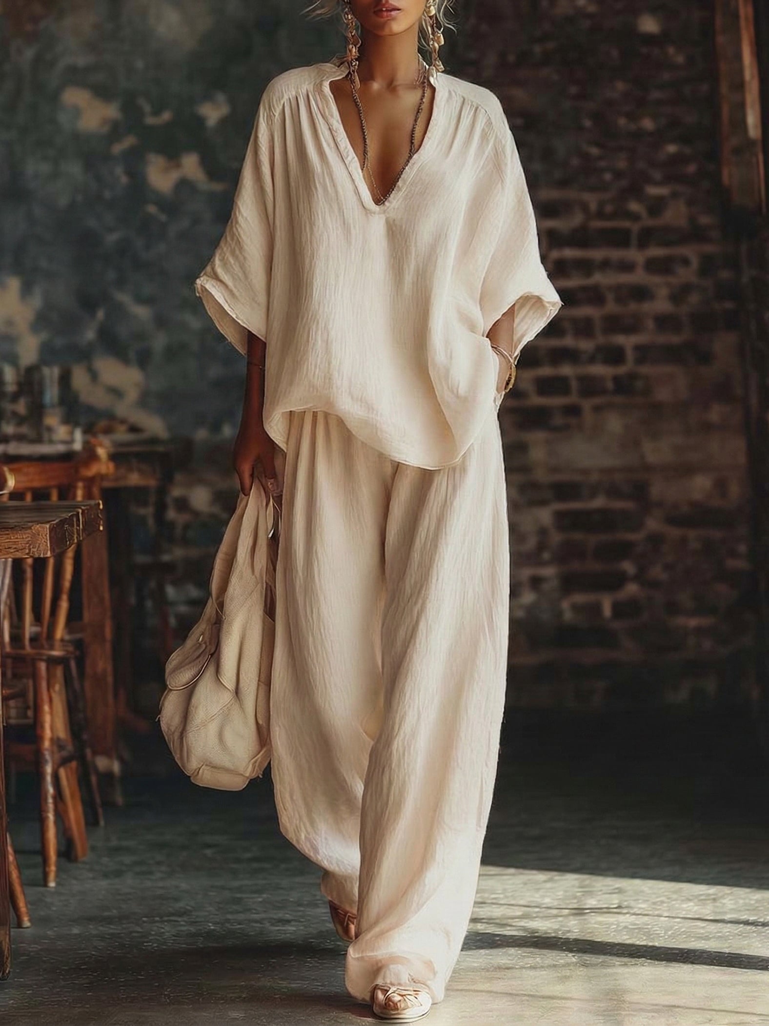 Cozy Minimalist Loose Linen Cotton Two-piece Set-Soliroyal