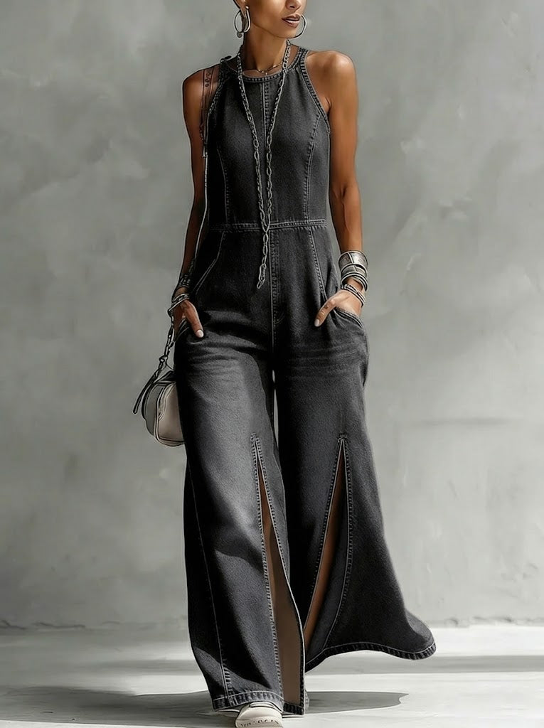 Casual Split Sleeveless Denim Jumpsuit-Soliroyal