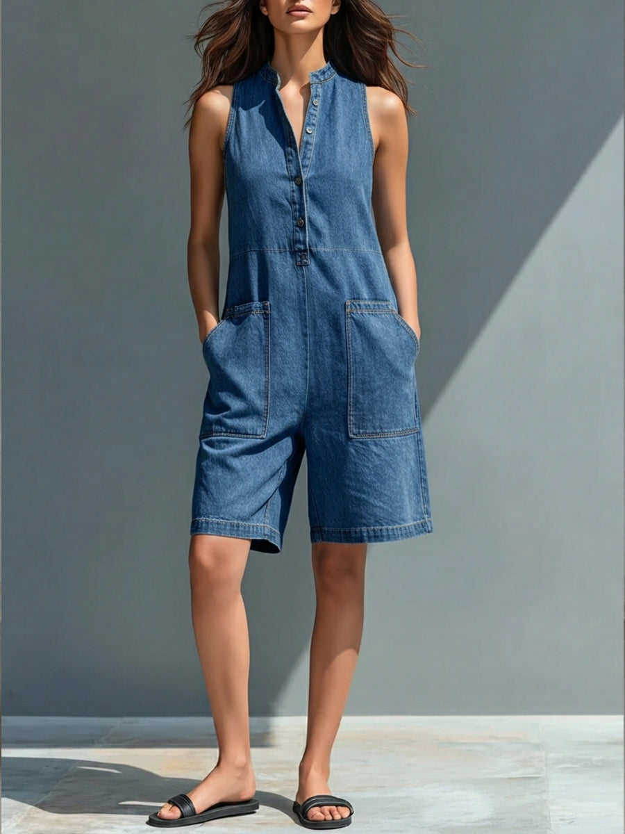 Casual Sleeveless Denim Jumpsuit Shorts-Soliroyal