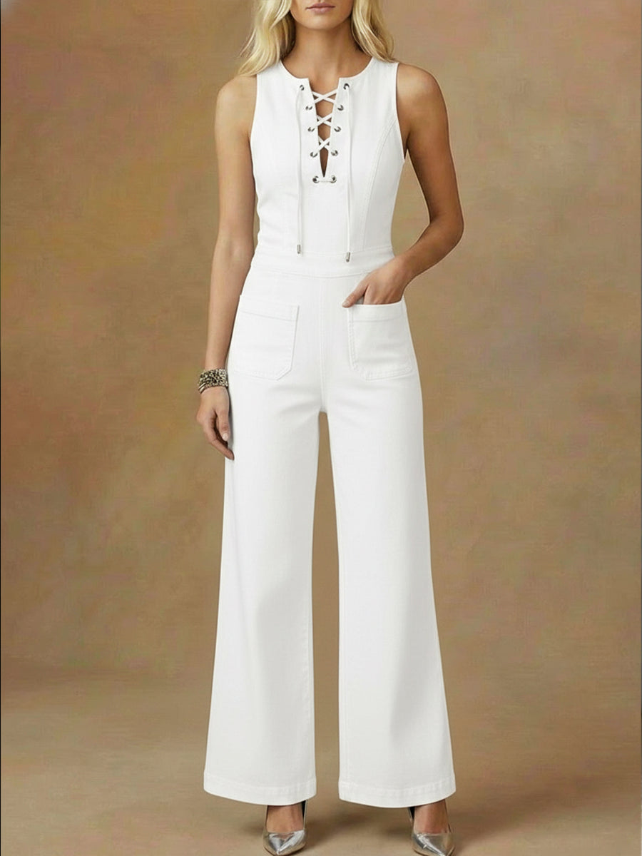 Women's Sleeveless Denim Jumpsuit With Tie-neck Detail-Soliroyal