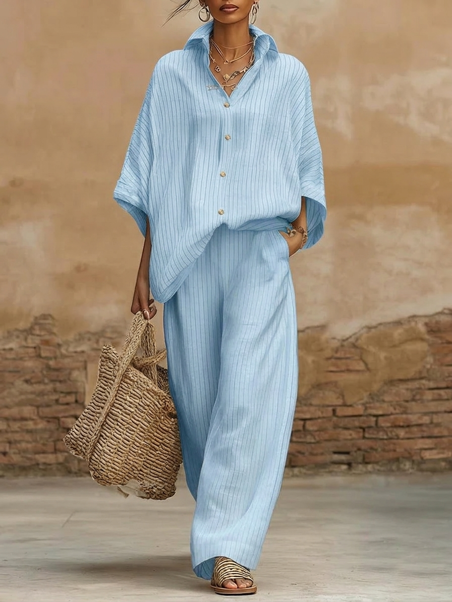 Elegant Classic Striped Shirt And Wide-leg Pants Two-piece Set-Soliroyal
