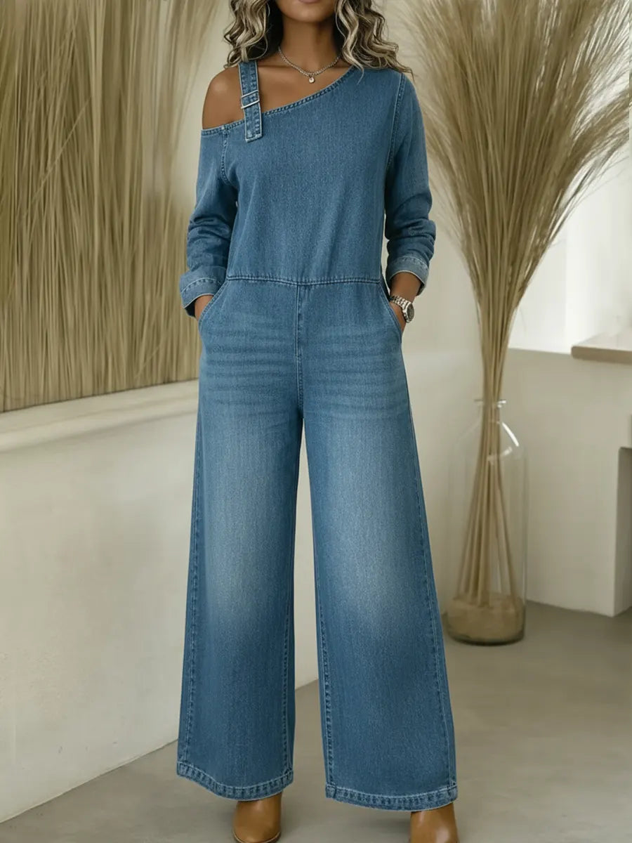 Women's Fashionable Off-the-shoulder Denim Jumpsuit-Soliroyal