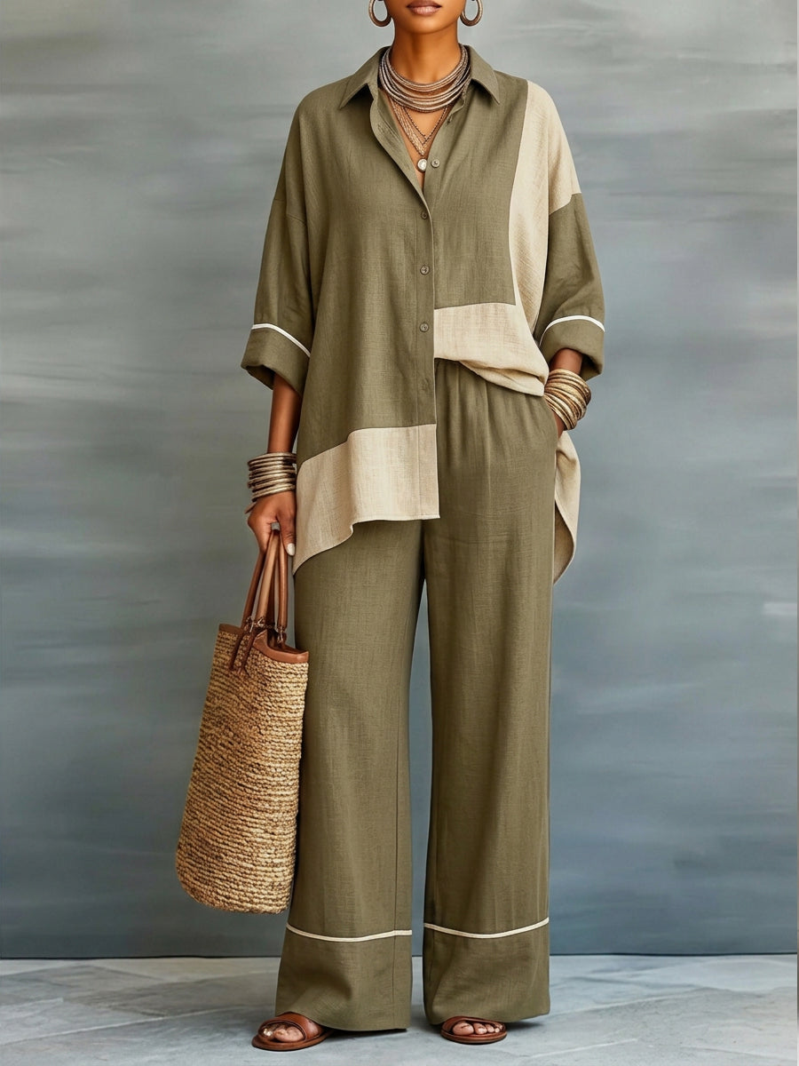 Casual Color-blocked Linen And Cotton Shirt And Trousers Two-piece Set-Soliroyal