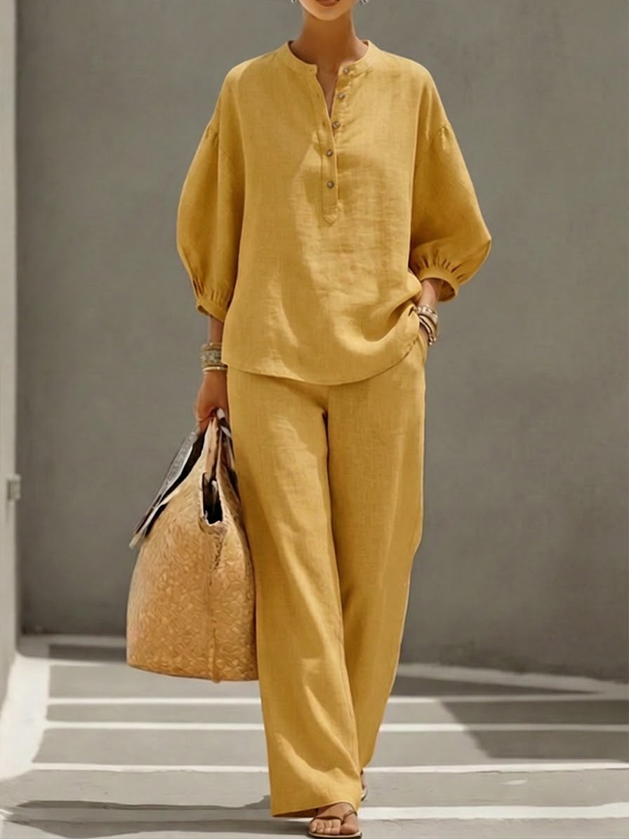 Casual Linen And Cotton Two-piece Set-Soliroyal