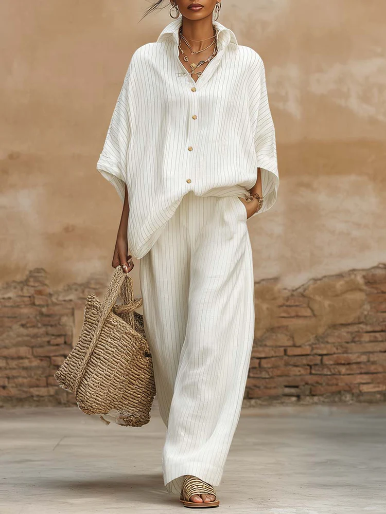 Elegant Classic Striped Shirt And Wide-leg Pants Two-piece Set-Soliroyal