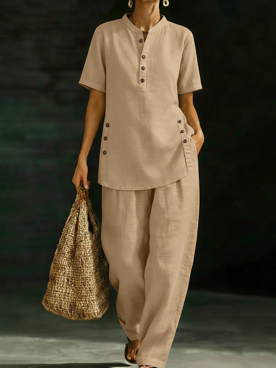 Cozy Casual Button Shirt And Wide-leg Pants Linen Two-piece Set-Soliroyal