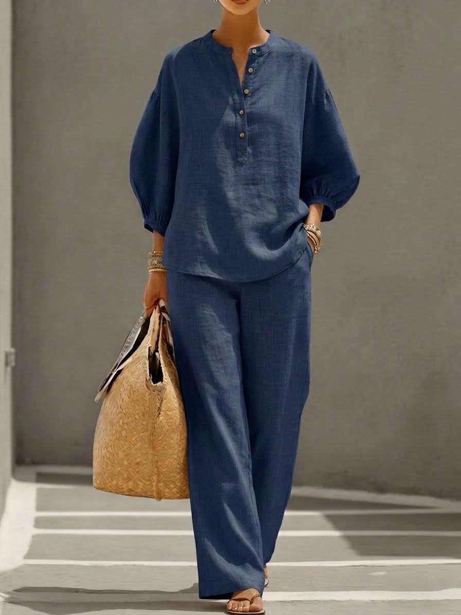 Casual Linen And Cotton Two-piece Set-Soliroyal