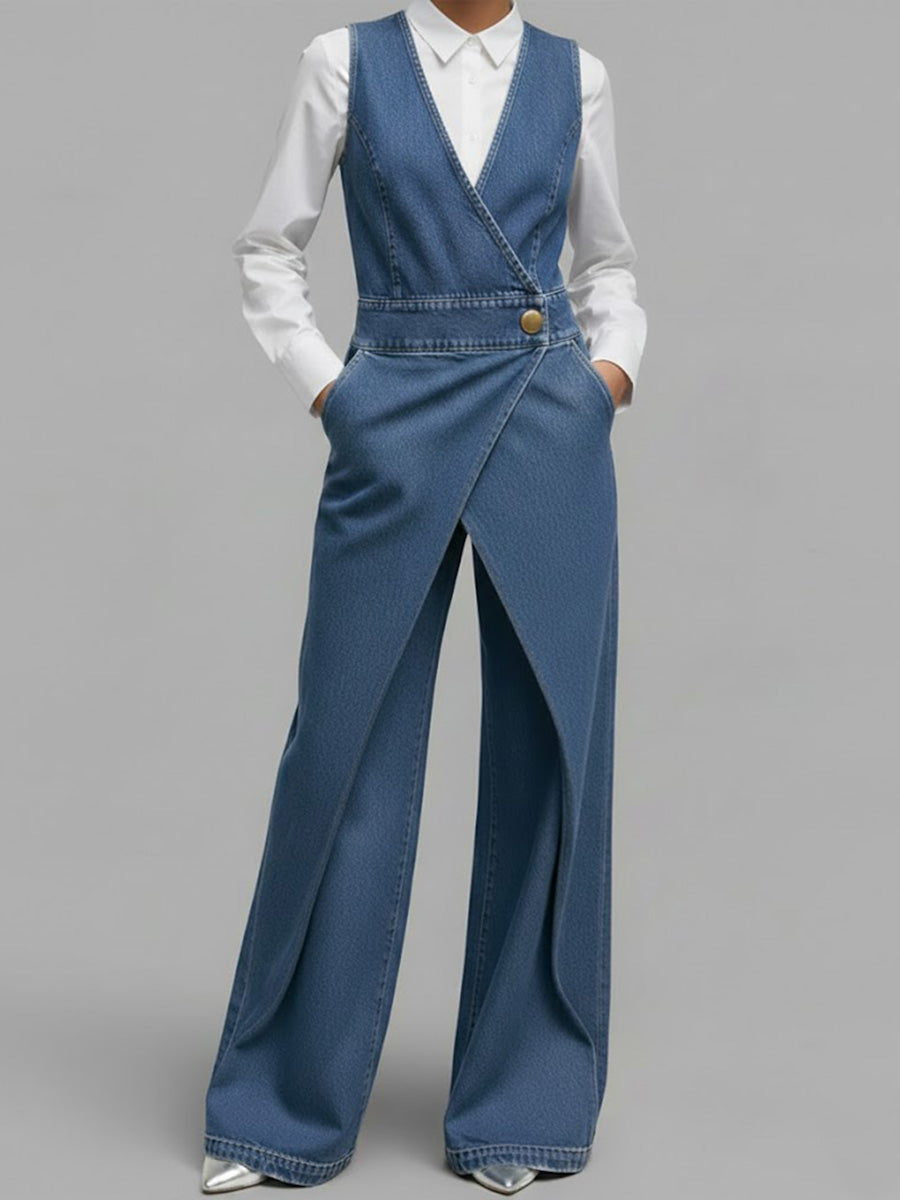 Women's V-neck Sleeveless Casual Loose Denim Wide-leg Jumpsuit-Soliroyal