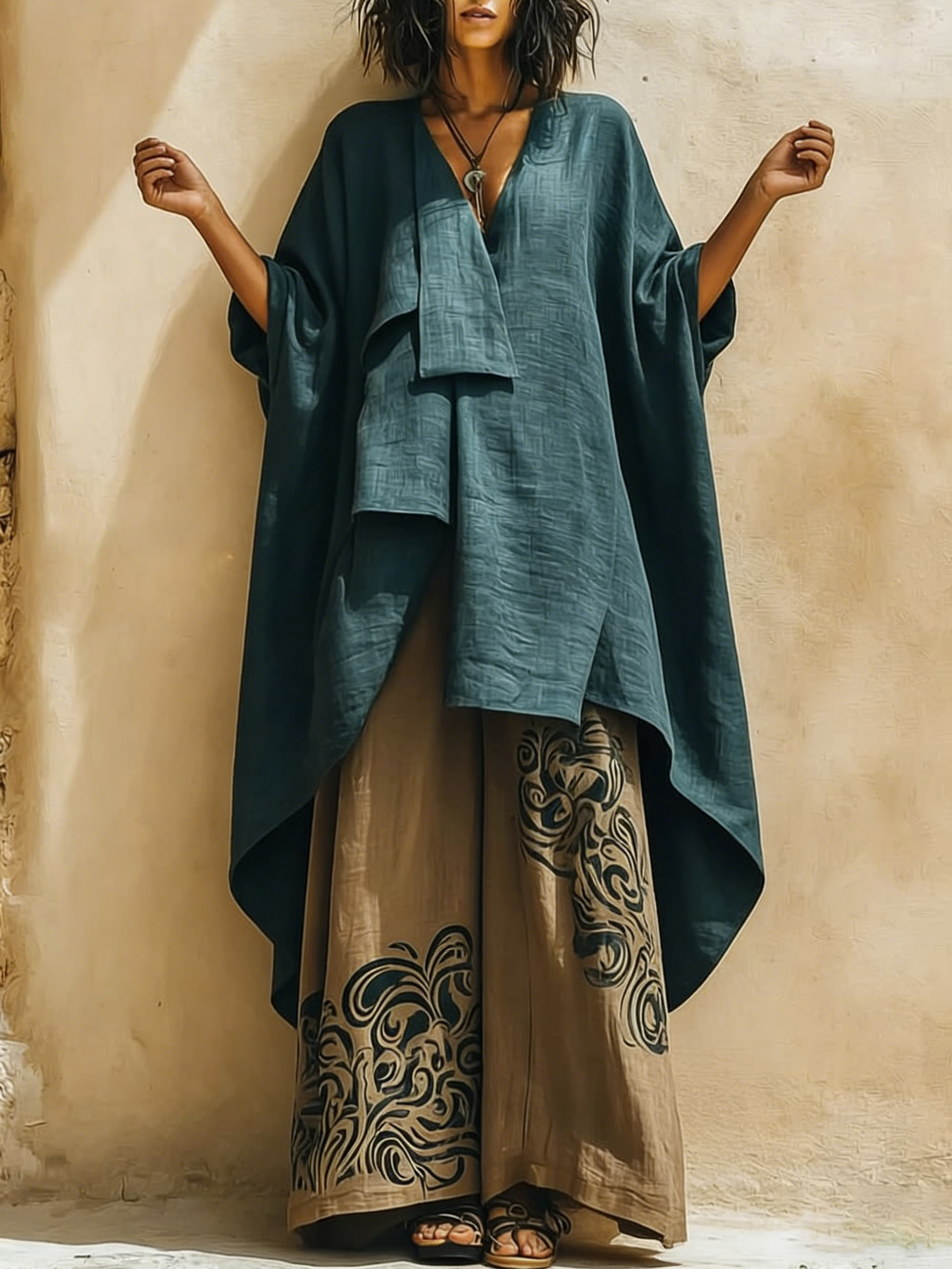 Boho Artistic Cut Long Shirt And Wide-leg Pants Cotton Linen Two-piece Set-Soliroyal