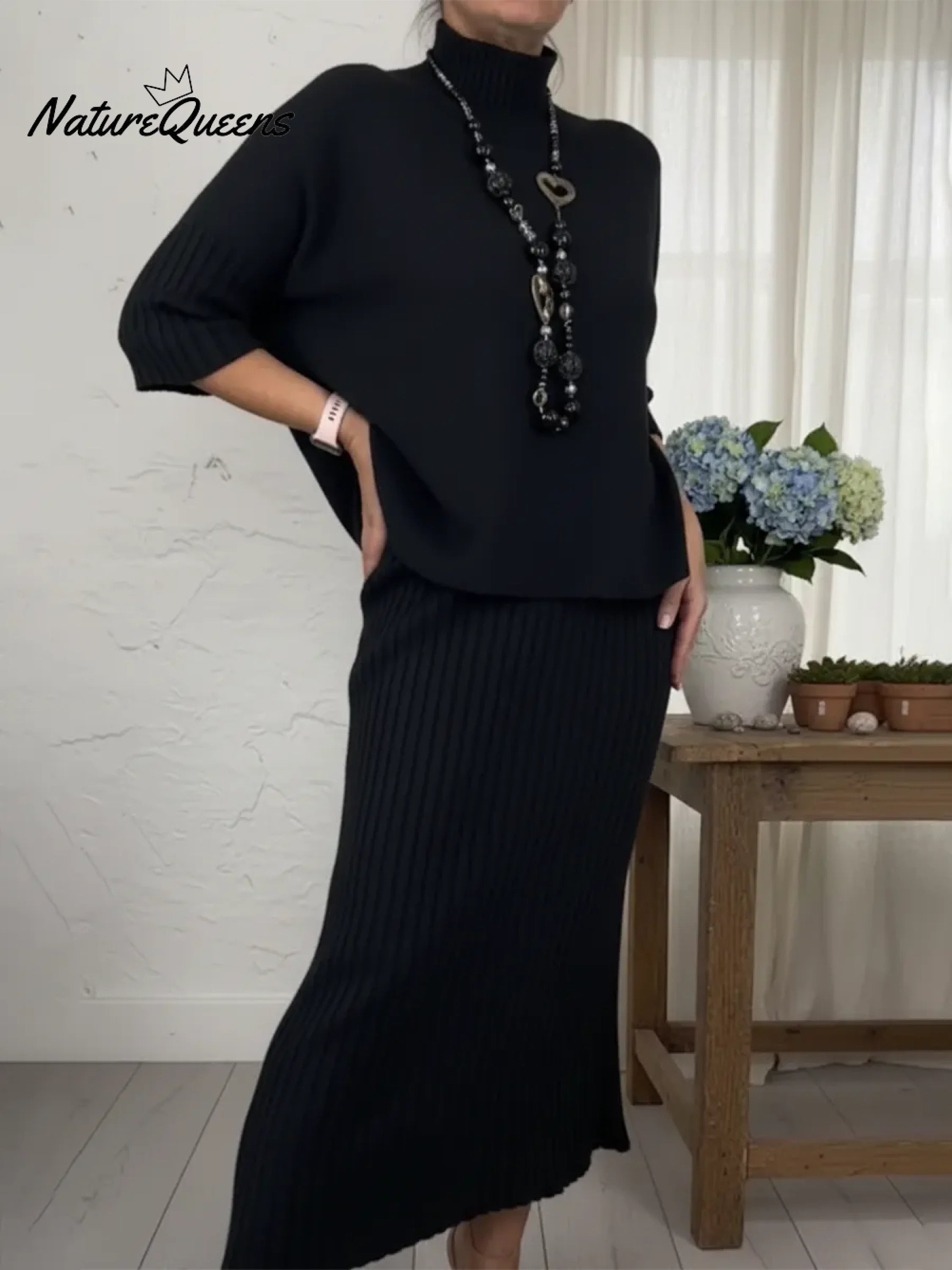 Elegant Knitted Turtleneck Sweater And Skirt Two-piece Set-Soliroyal