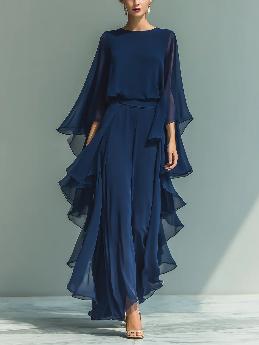 Elegant & Flowy Ruffled Shirt And Wide-leg Pants Two-piece Set-Soliroyal