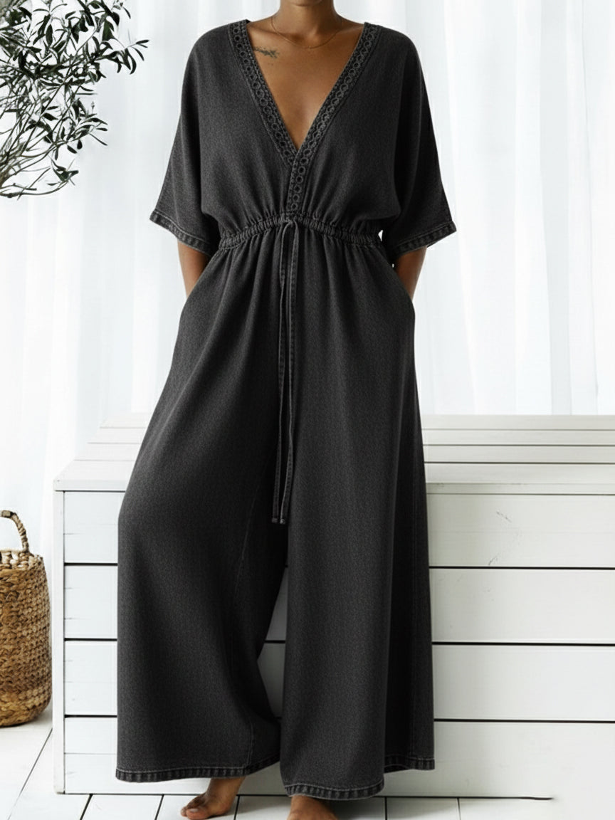 Casual V-neck Loose-fitting Drawstring Waist Denim Jumpsuit-Soliroyal