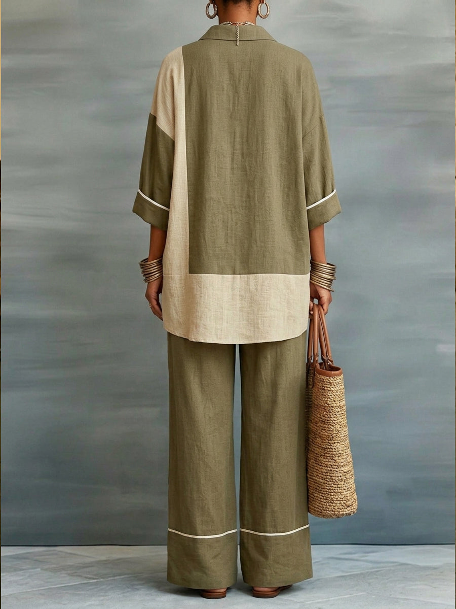 Casual Color-blocked Linen And Cotton Shirt And Trousers Two-piece Set-Soliroyal