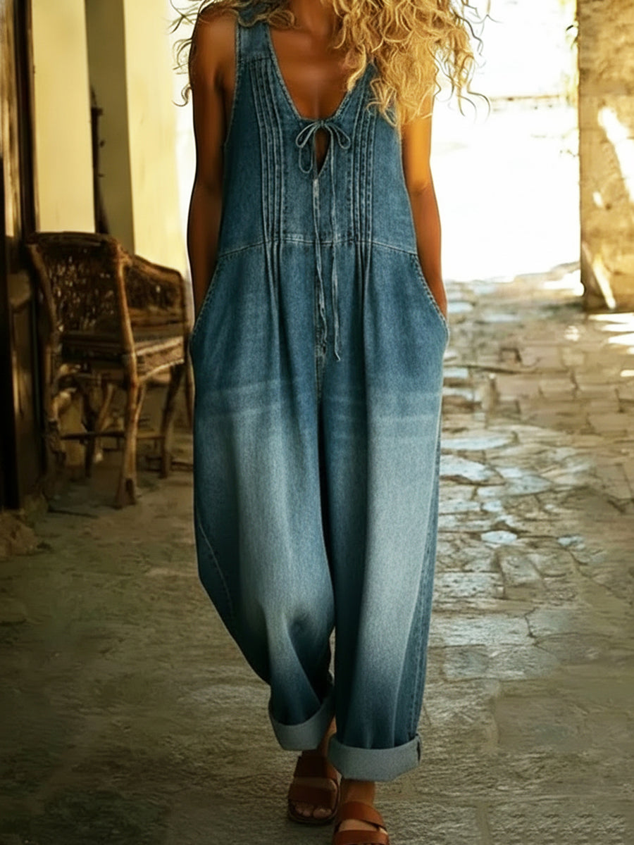 Casual Pleated Drawstring Loose Denim Jumpsuit-Soliroyal