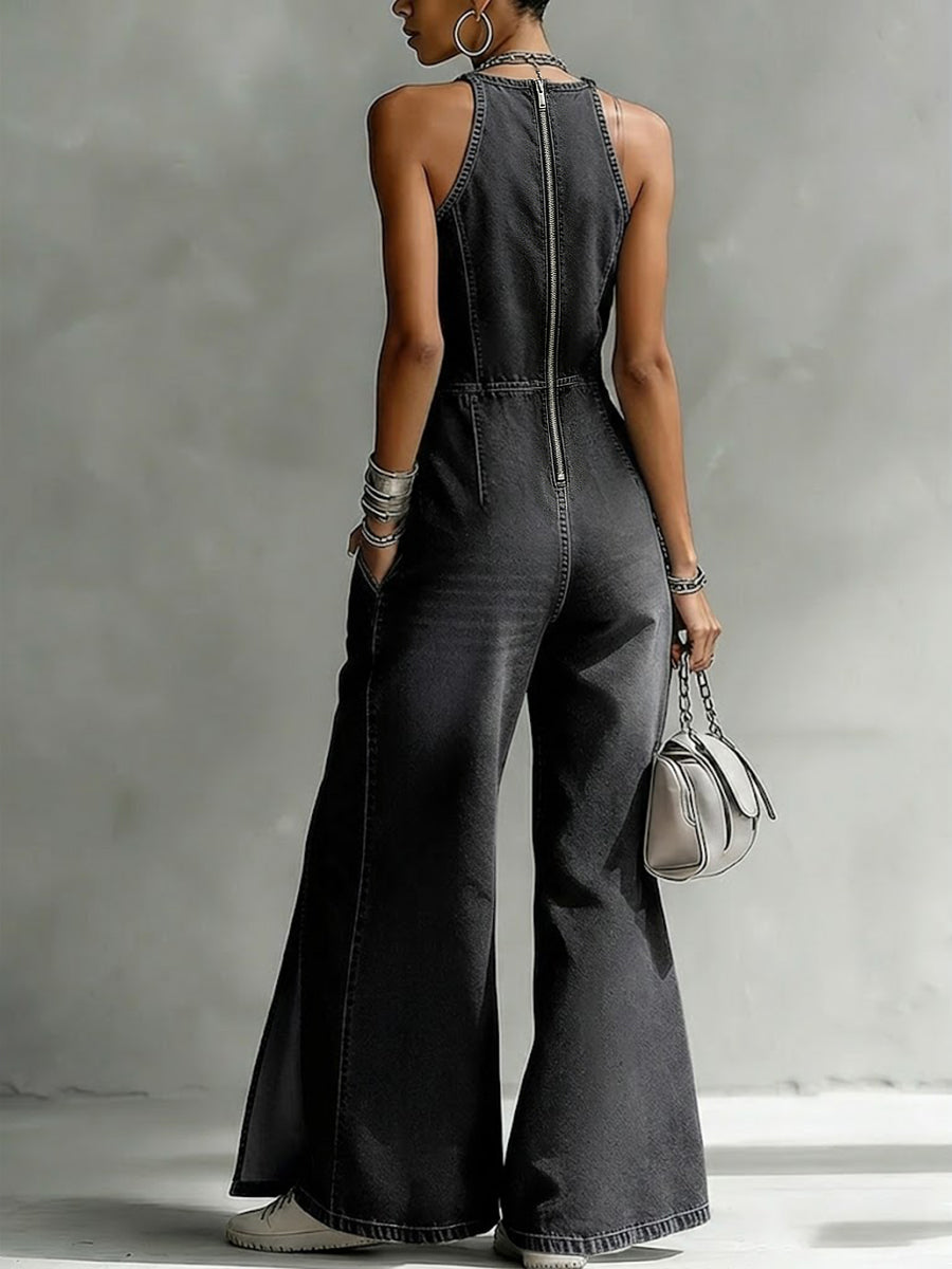 Casual Split Sleeveless Denim Jumpsuit-Soliroyal