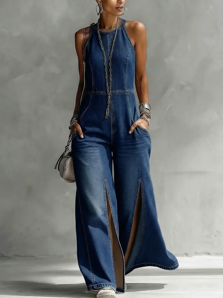 Casual Split Sleeveless Denim Jumpsuit-Soliroyal