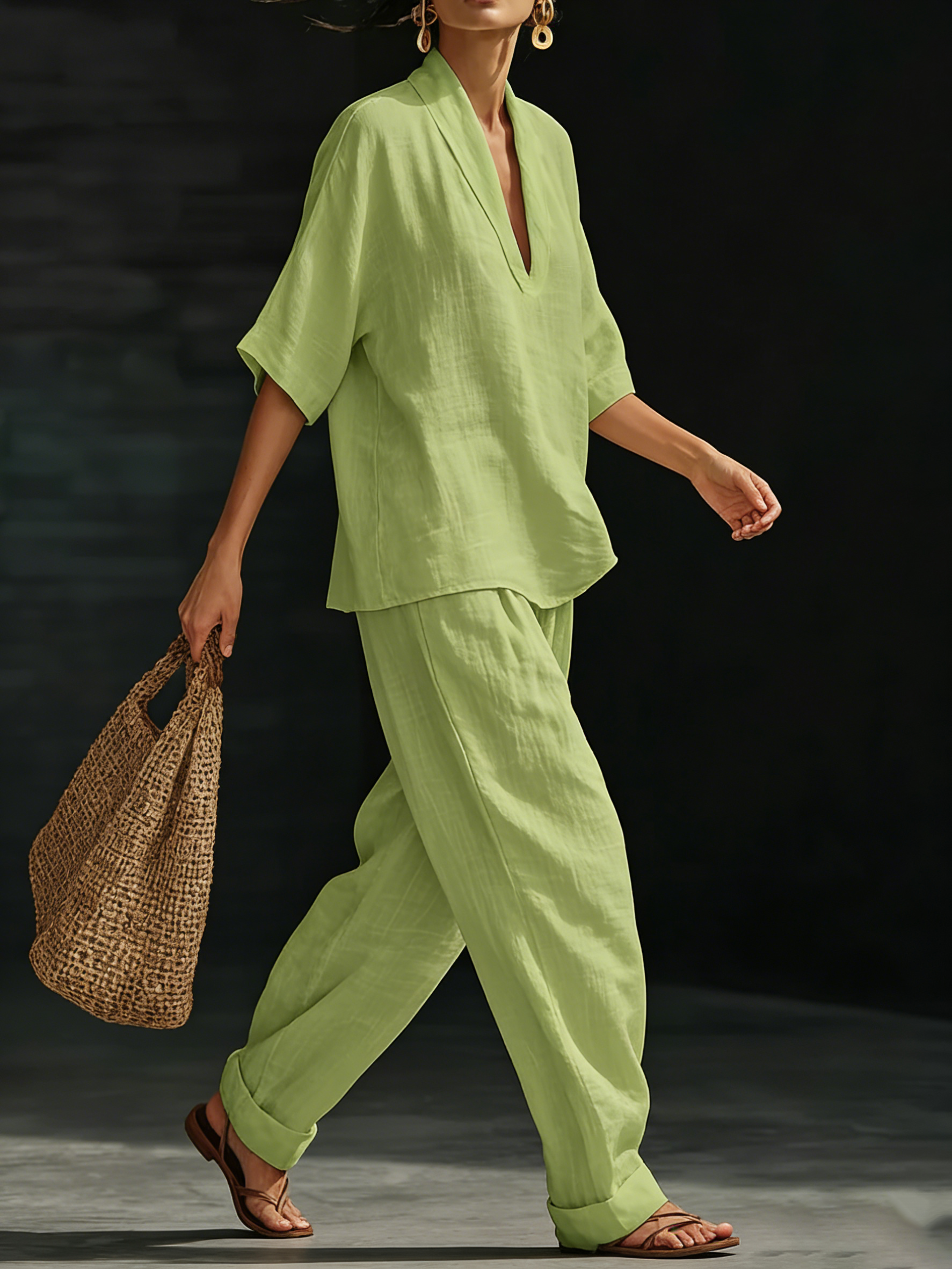 Casual And Cozy Minimalist Linen Two-piece Set-Soliroyal