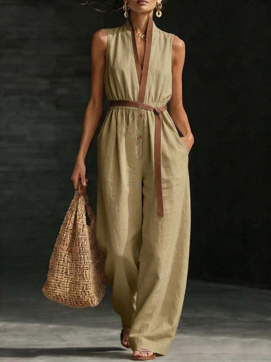 Stylish Elegant Contrasting Trim Stand-up Collar Jumpsuit-Soliroyal