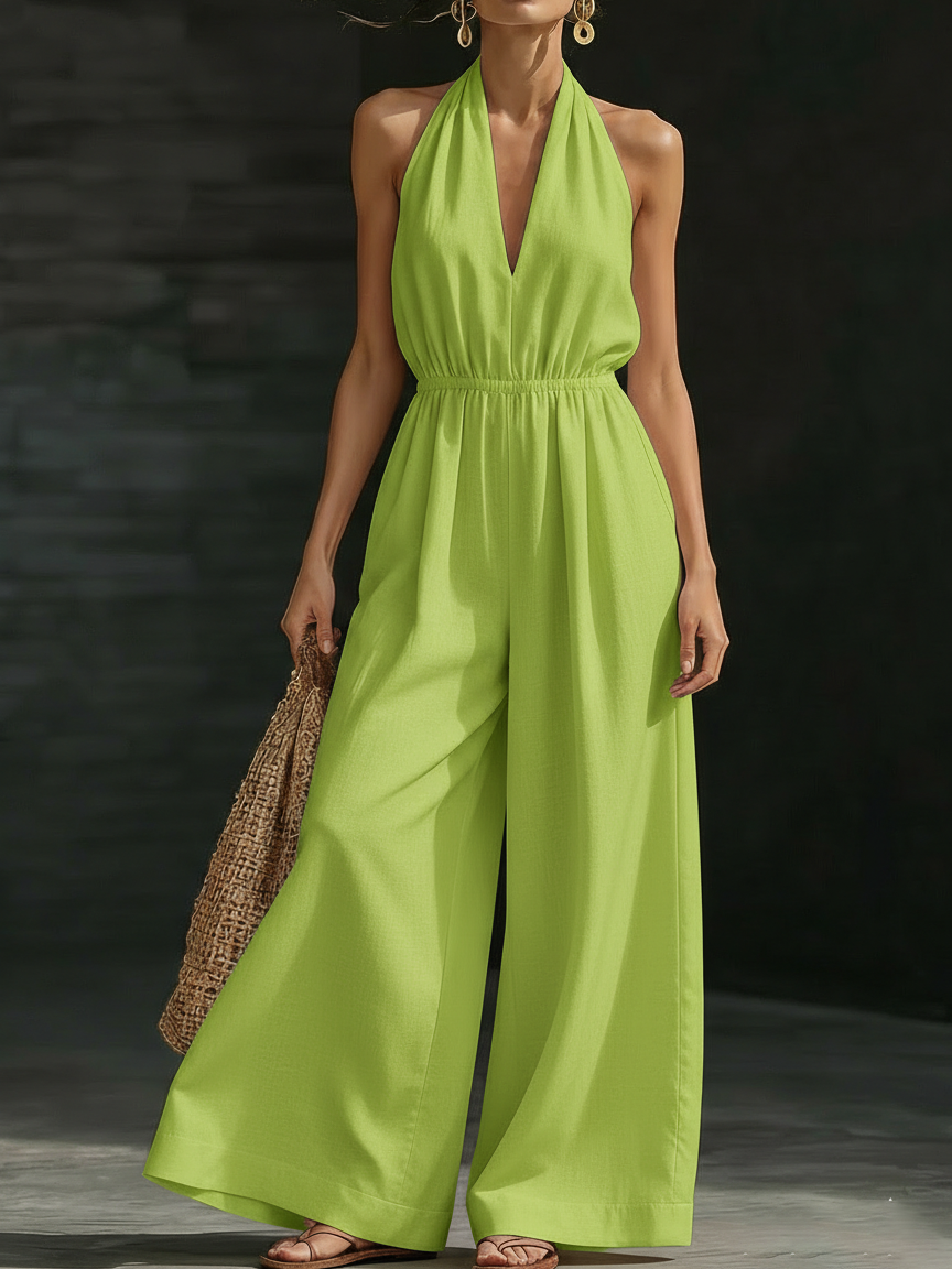 Minimalist And Elegant Halter-neck Wide-leg Linen Jumpsuit-Soliroyal