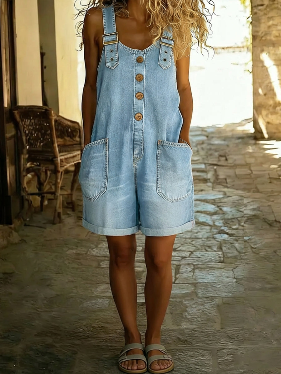 Casual Adjustable-strap Denim Jumpsuit Shorts-Soliroyal