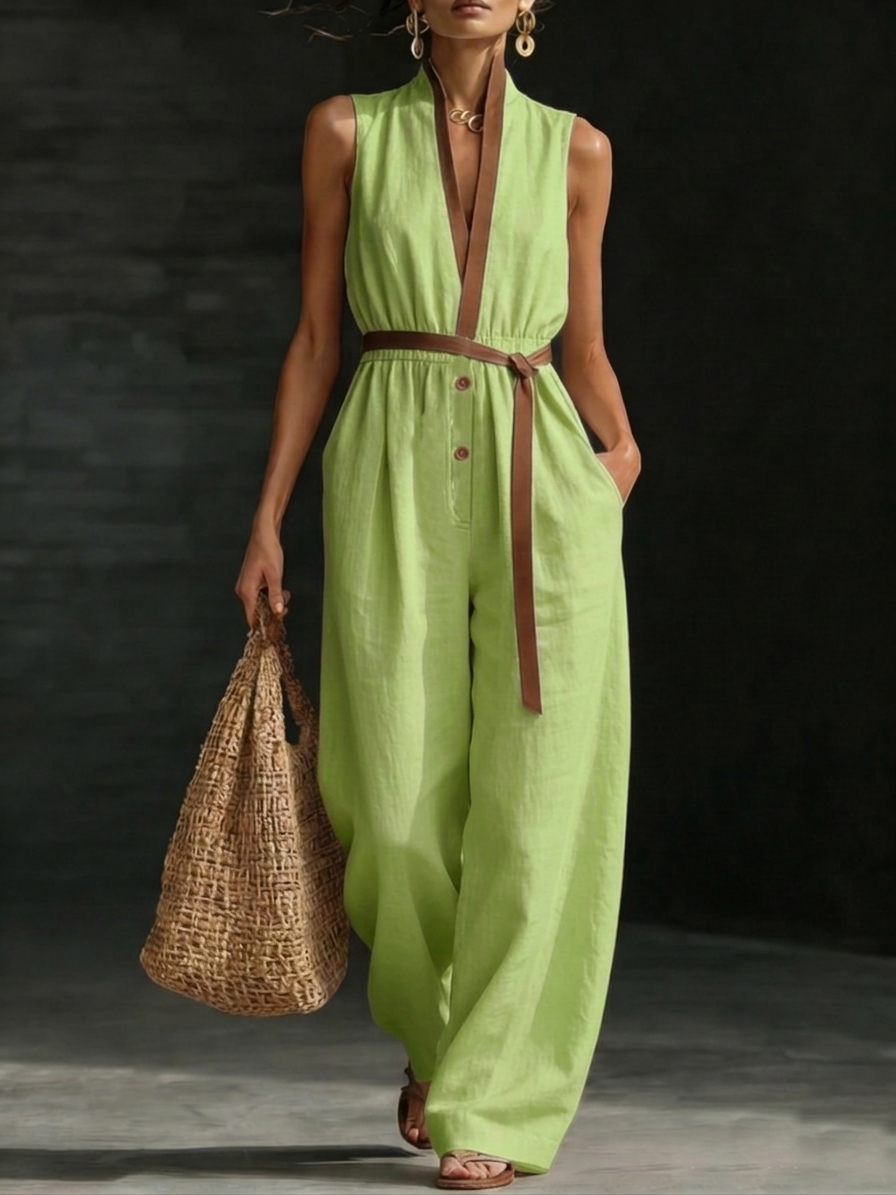 Stylish Elegant Contrasting Trim Stand-up Collar Jumpsuit-Soliroyal