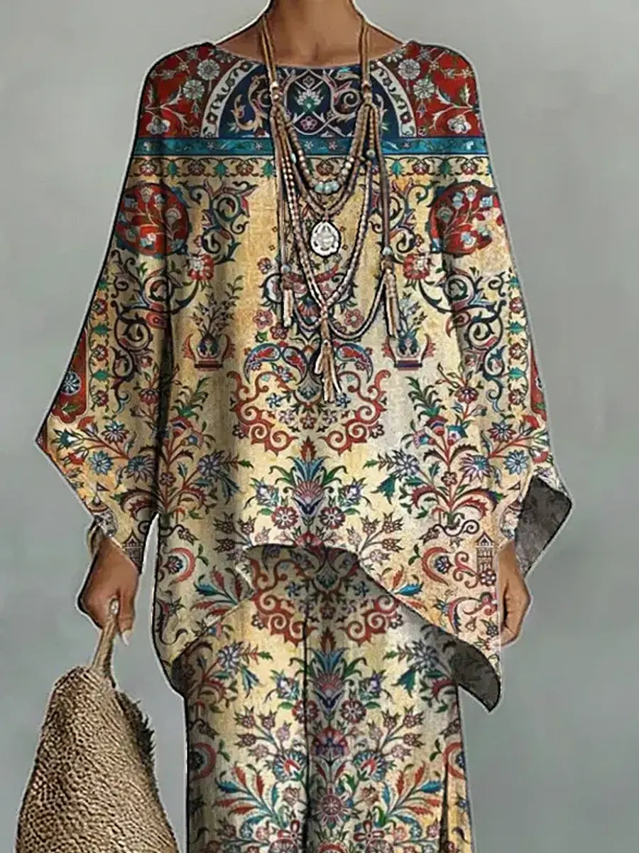 Women's Vintage Ethnic Art Comfortable Loose Cotton Linen Wide-leg Pants Two-piece Set-Soliroyal