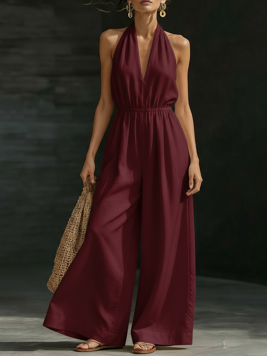 Minimalist And Elegant Halter-neck Wide-leg Linen Jumpsuit-Soliroyal