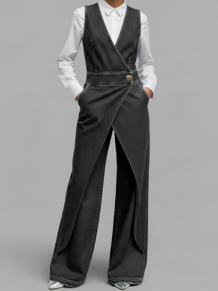 Women's V-neck Sleeveless Casual Loose Denim Wide-leg Jumpsuit-Soliroyal