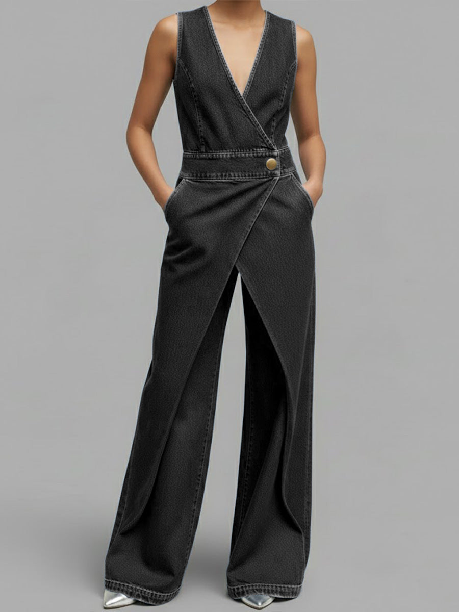 Women's V-neck Sleeveless Casual Loose Denim Wide-leg Jumpsuit-Soliroyal