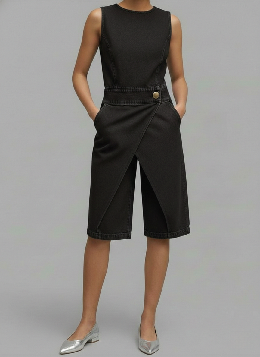 Women's Round Neck Sleeveless Casual Loose Denim Wide-leg Jumpsuit-Soliroyal