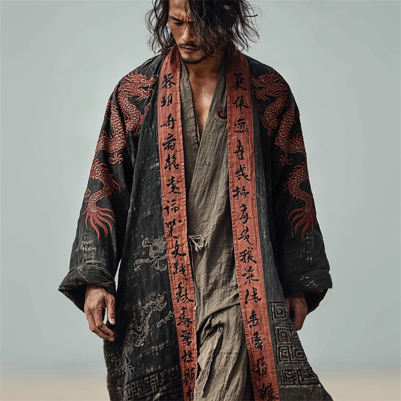Men's Japanese Dragons Calligraphy Placket Linen Long Kimono-MOSSCIU