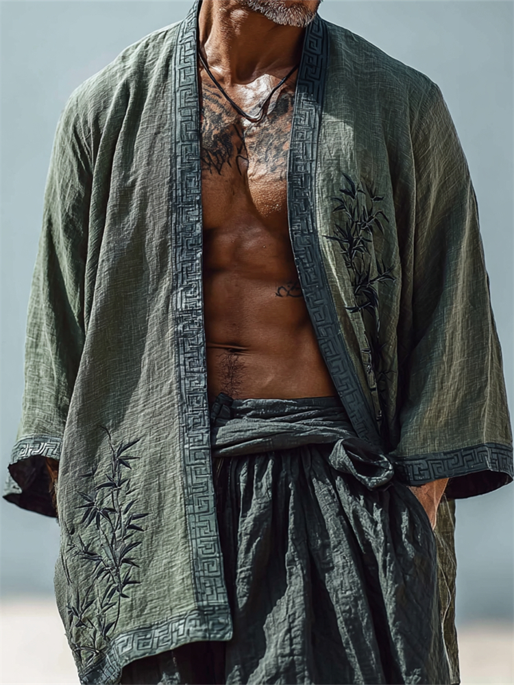 Men's Bamboo Japanese Art Linen Kimono-MOSSCIU