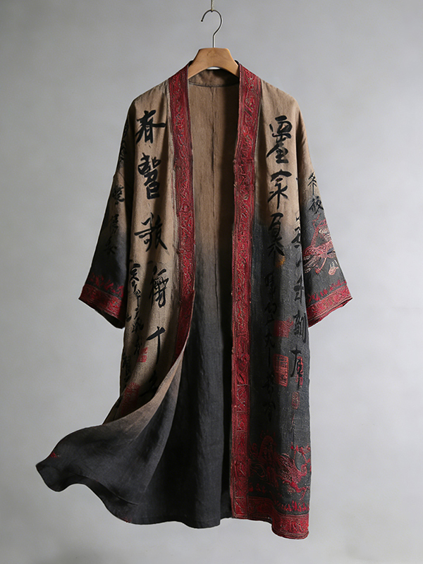 Men's Retro Calligraphy And Painting Art Linen Long Kimono-MOSSCIU