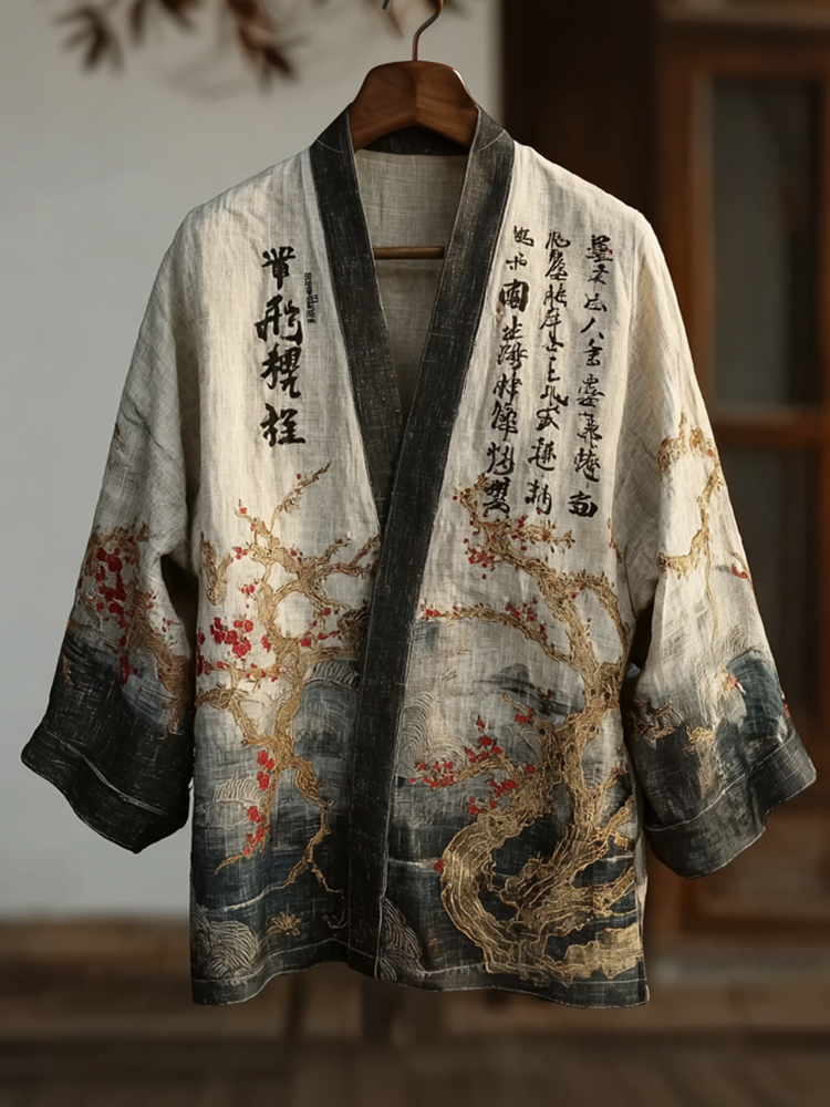Men's Retro Line Art Pattern Casual Linen Kimono-MOSSCIU