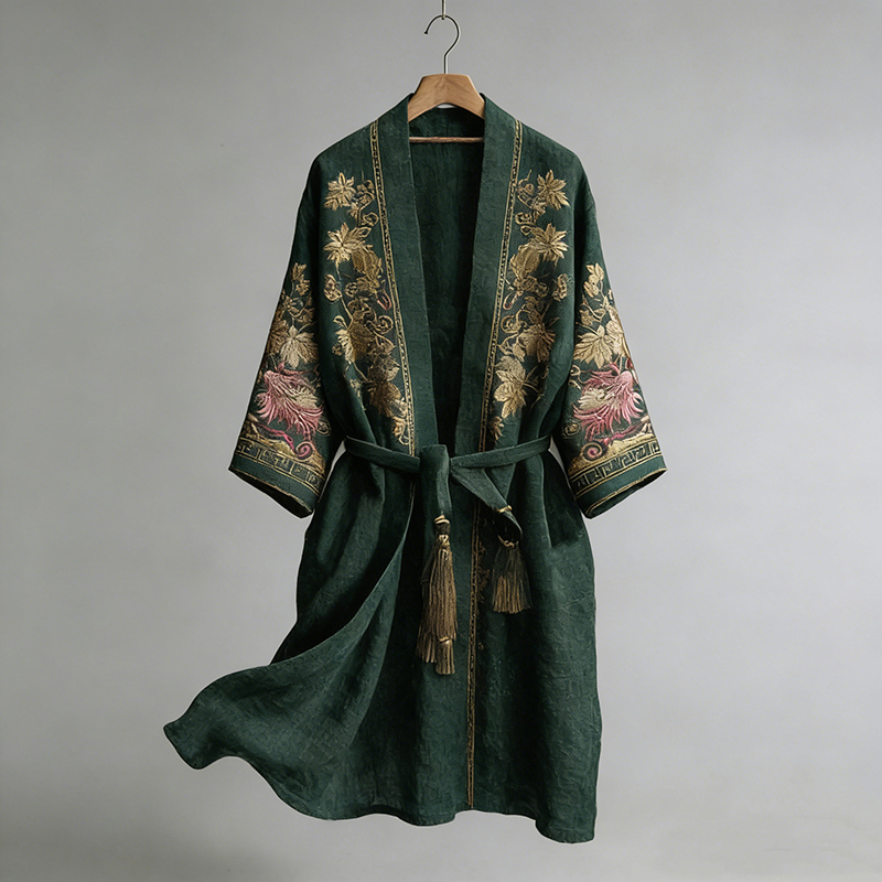 Japanese Maple Leaf Print Linen Blend Kimono-MOSSCIU