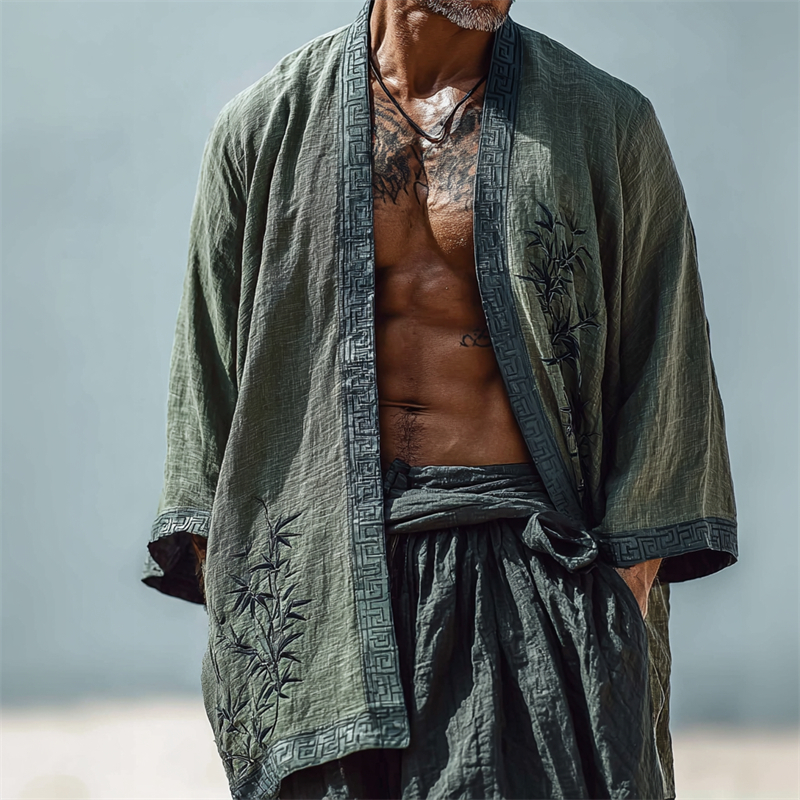 Men's Bamboo Japanese Art Linen Kimono-MOSSCIU