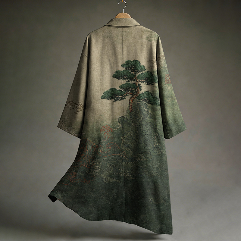 Men's Vintage Japanese Art Print  Linen Long Kimono-MOSSCIU