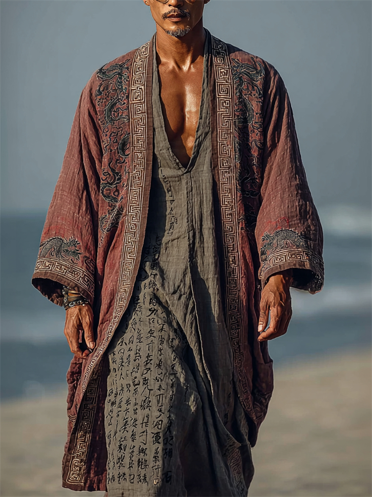 Men's Vintage Japanese Dragons Linen Long Kimono-MOSSCIU