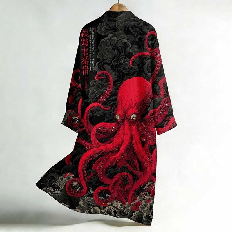 Men's Japanese-style Octopus Print Linen Long Kimono-MOSSCIU
