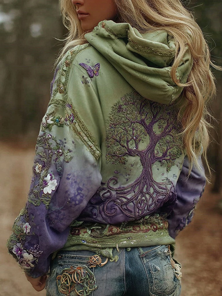 Women's Vintage Viking Tree Of Life Art Gradient Comfort Hoodie 4fa4-MOSSCIU