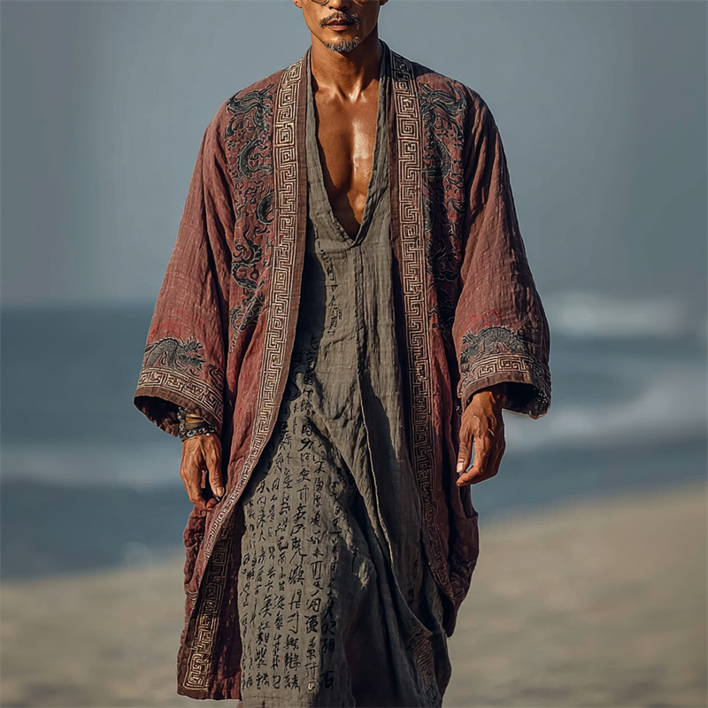 Men's Vintage Japanese Dragons Linen Long Kimono-MOSSCIU