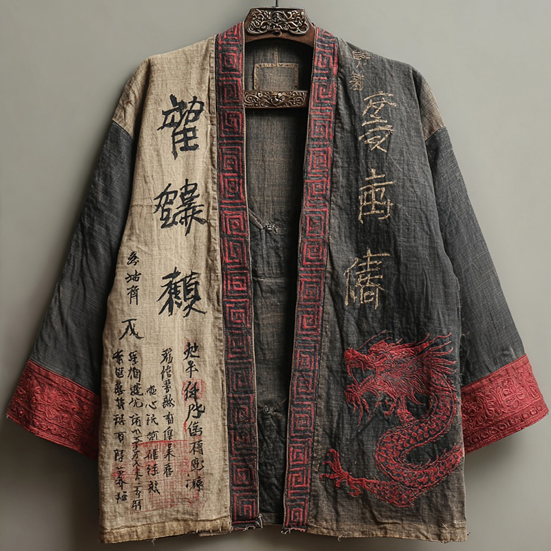 Men's Retro Japanese Calligraphy And Dragon Art Pattern Linen Blend Shorts Kimono-MOSSCIU