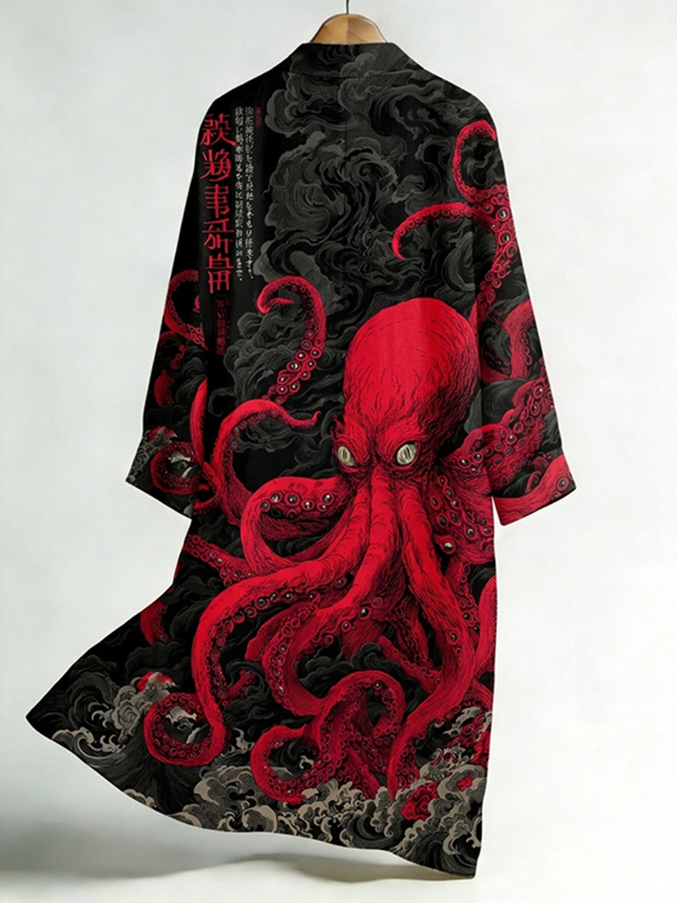 Men's Japanese-style Octopus Print Linen Long Kimono-MOSSCIU