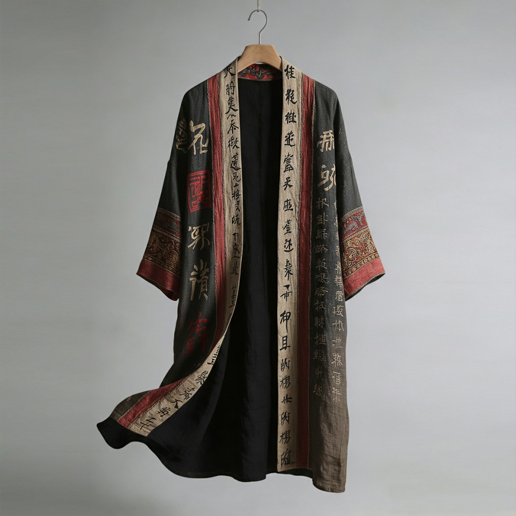 Men's Retro Calligraphy And Painting Art Linen Long Kimono-MOSSCIU