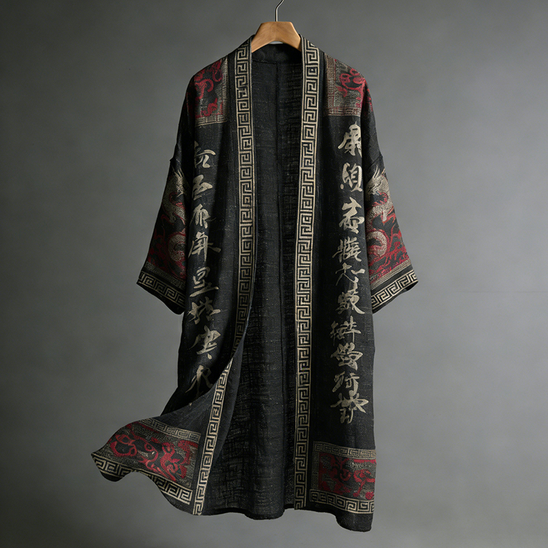 Men's Japanese Dragon Pattern Calligraphy And Painting Art Linen Long Kimono-MOSSCIU