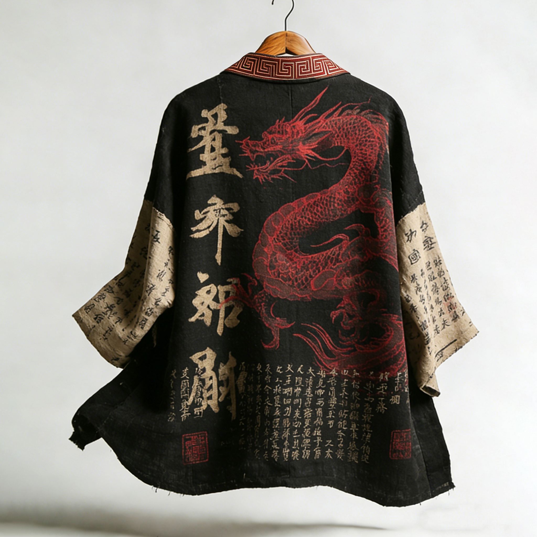 Men's Retro Japanese Calligraphy And Dragon Art Pattern Linen Blend Shorts Kimono-MOSSCIU