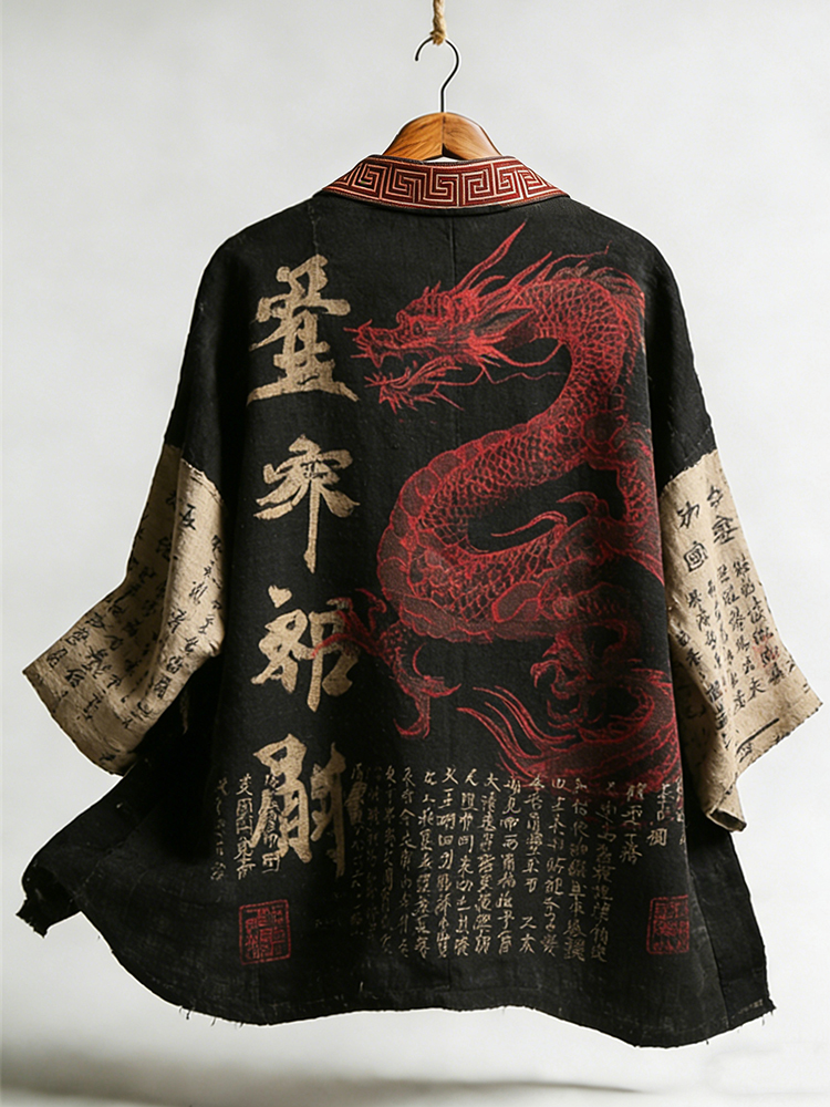 Men's Retro Japanese Calligraphy And Dragon Art Pattern Linen Blend Shorts Kimono-MOSSCIU