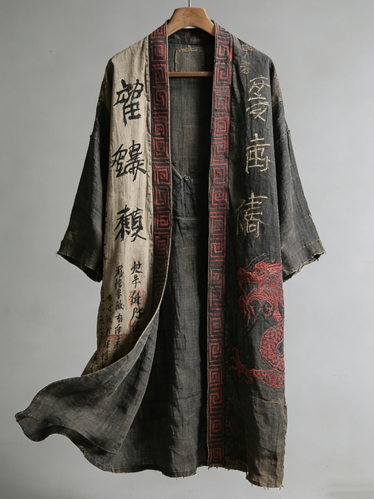 Men's Japanese Dragon Pattern Calligraphy And Painting Art Linen Long Kimono-MOSSCIU